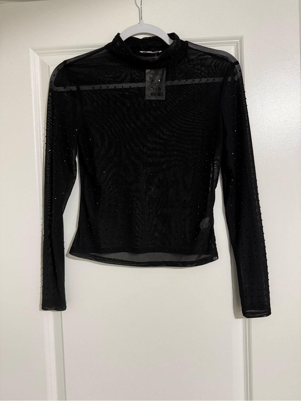 ANTISTAR Black Sheer Mesh Mock Neck Long Sleeve Rhinestones | Size M | NWT